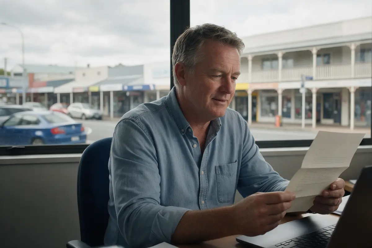 Business owner reading a letter from the bank at a desk in a small New Zealand office