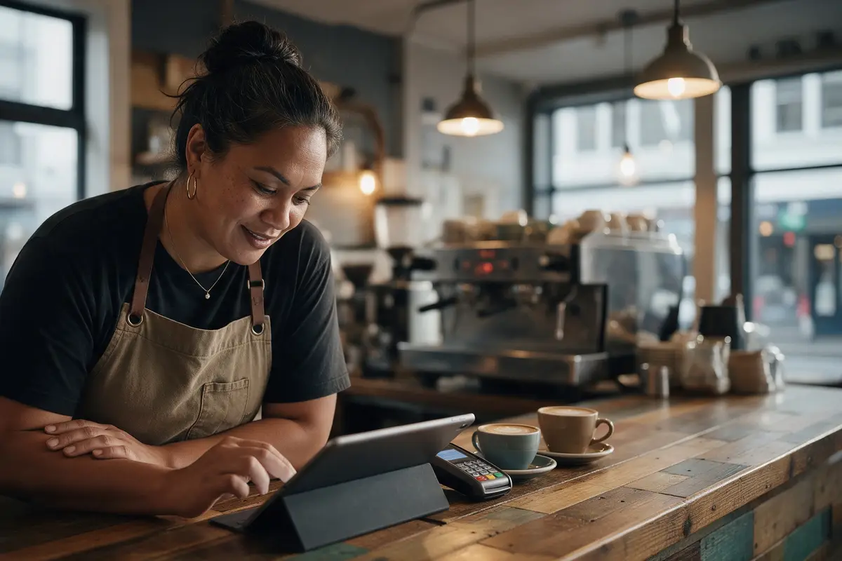 Wellington café owner checking the day's EFTPOS takings at the counter after the lunch rush