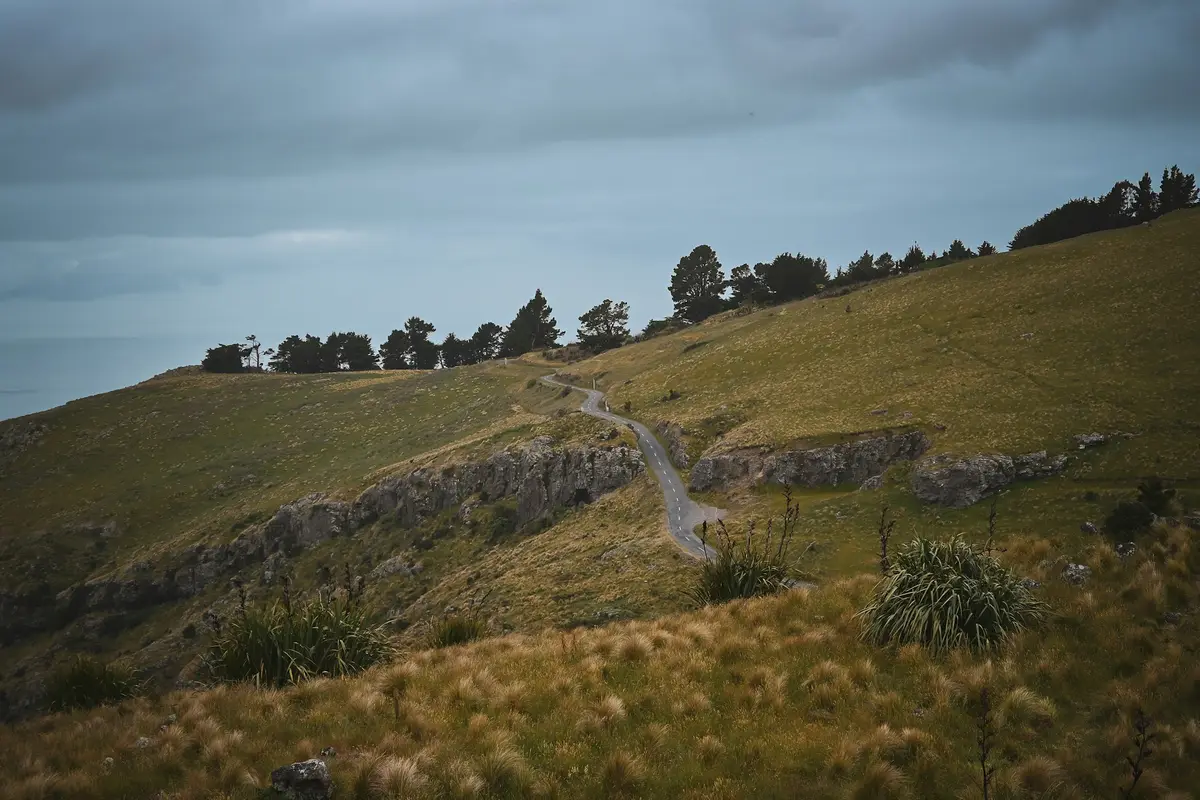 Summit Road in the Port Hills above Christchurch under moody skies