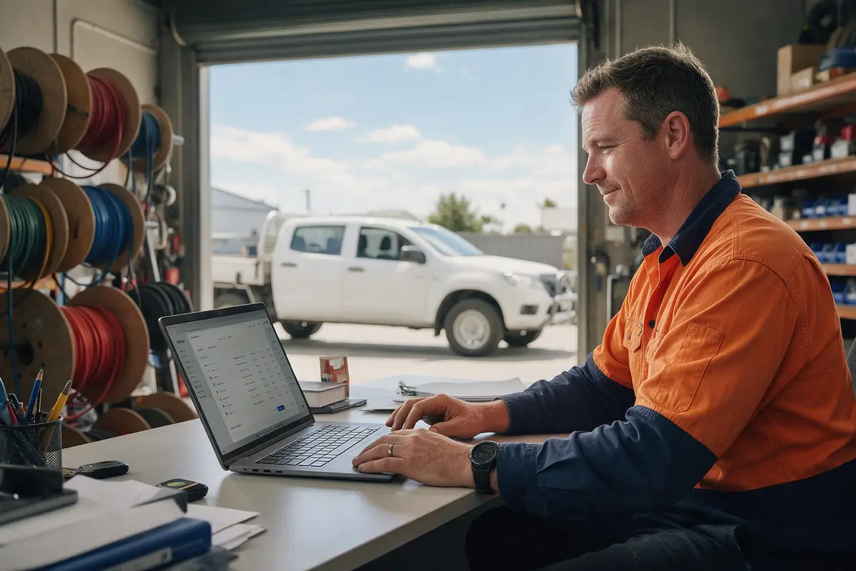Christchurch electrical contractor reviewing business bank statements on a laptop in his workshop office