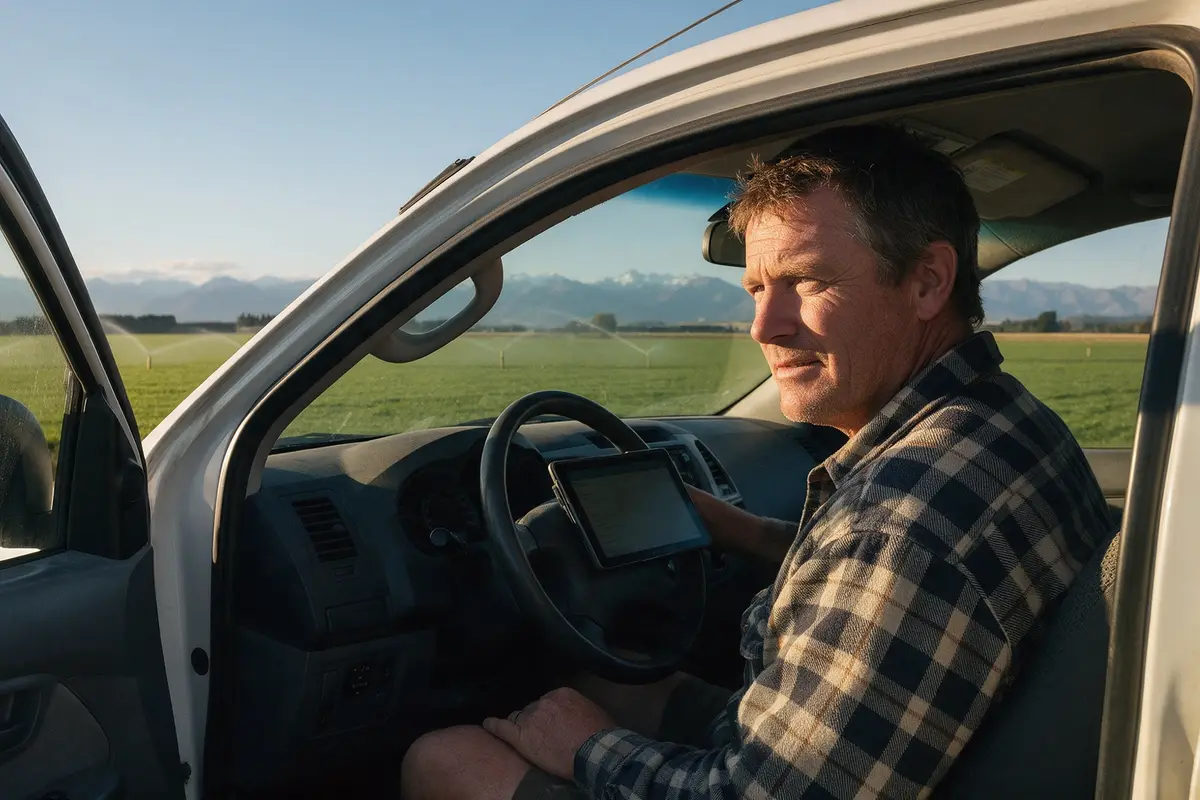 Canterbury dairy contractor reviewing bank statements on a tablet in his ute cab beside a paddock
