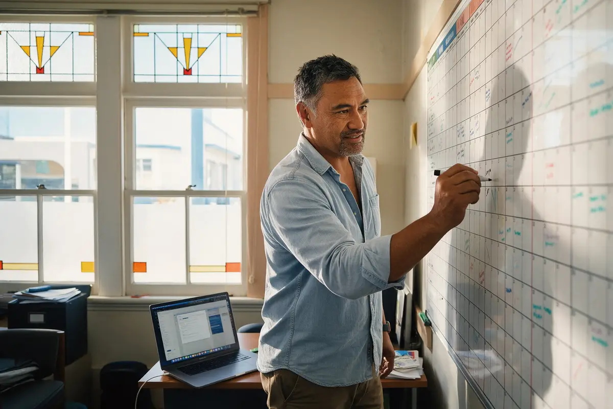 Business owner planning cash flow with a whiteboard calendar in a New Zealand office