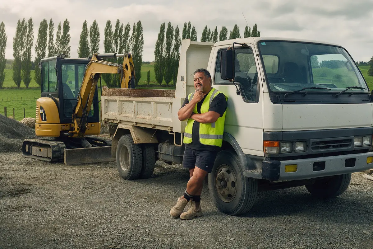 Hamilton earthmoving contractor weighing finance options beside his excavator and truck