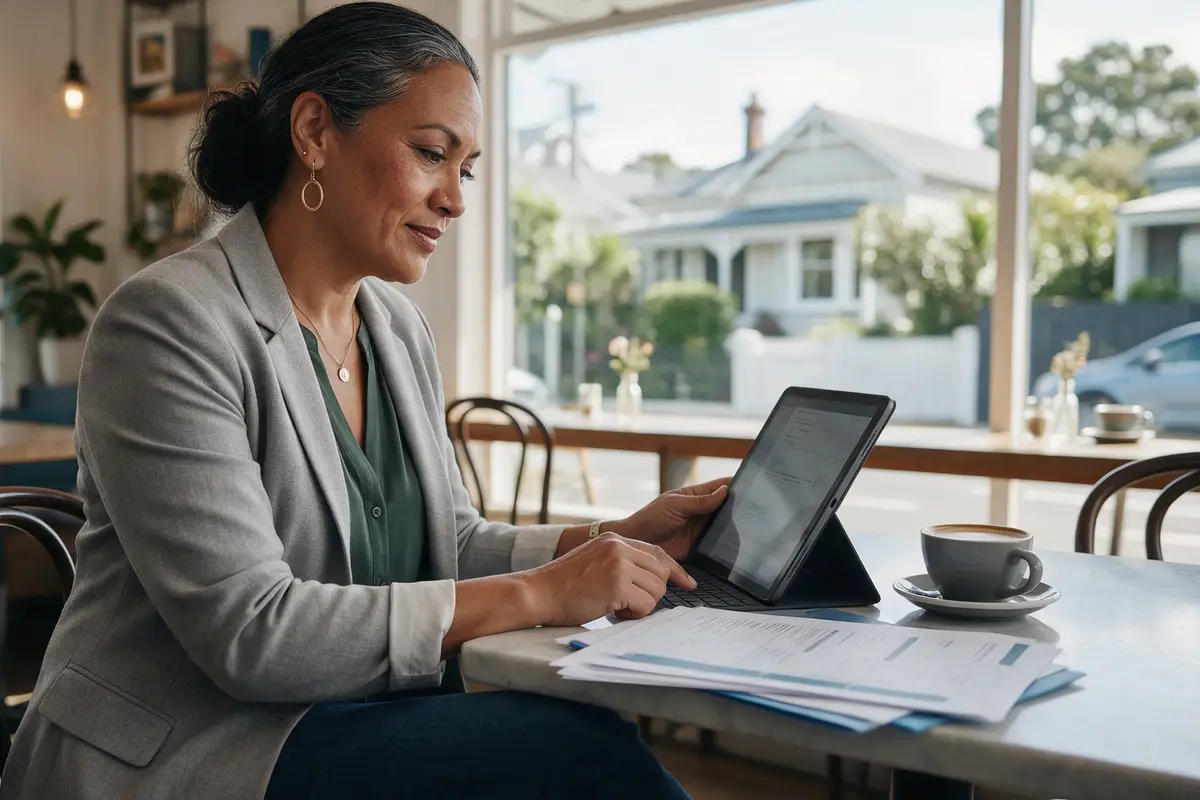 Business owner reviewing her property title details on a tablet in a café