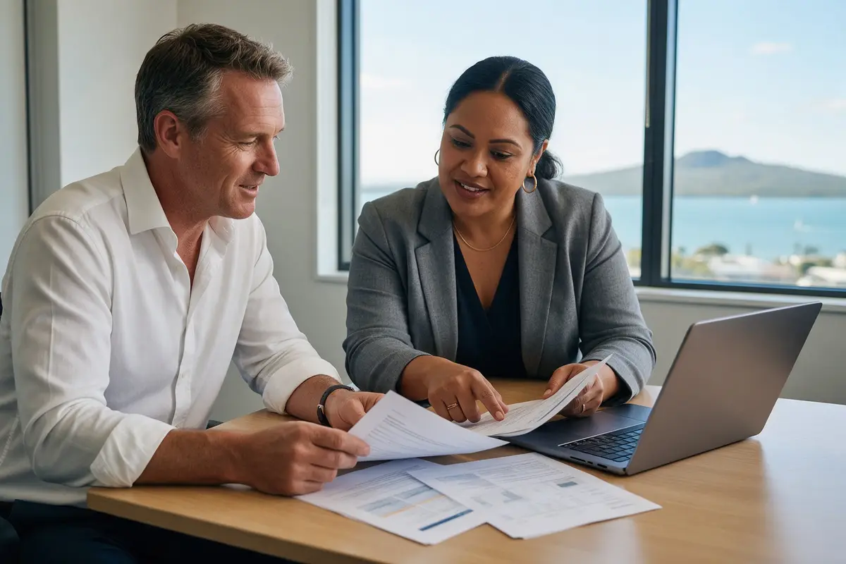 Two business partners comparing finance options at a table in their Tauranga office
