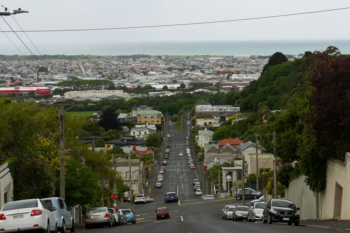 Dunedin city street with cars parked on both sides