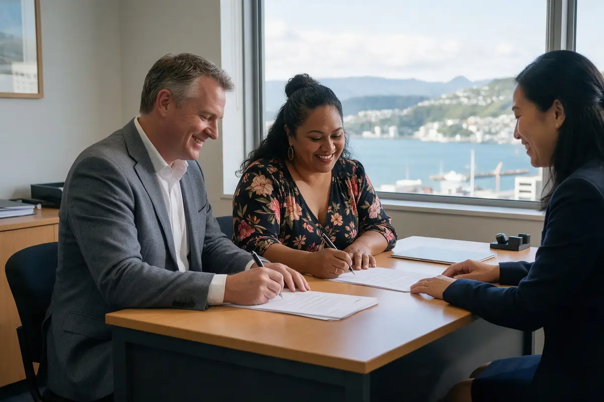 Business owners signing settlement documents with their lawyer in a New Zealand office
