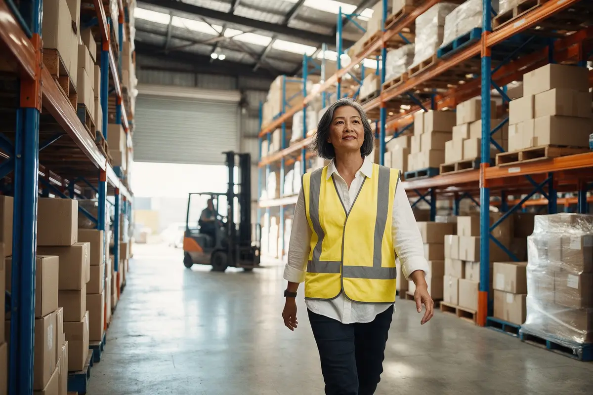 Warehouse owner walking through racking in an Auckland industrial building