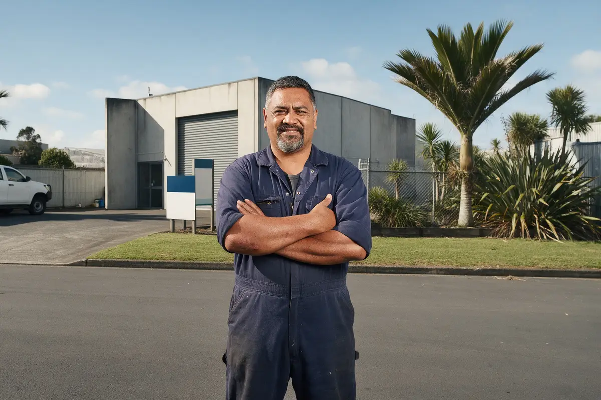 Business owner standing outside a small industrial unit with a for sale sign