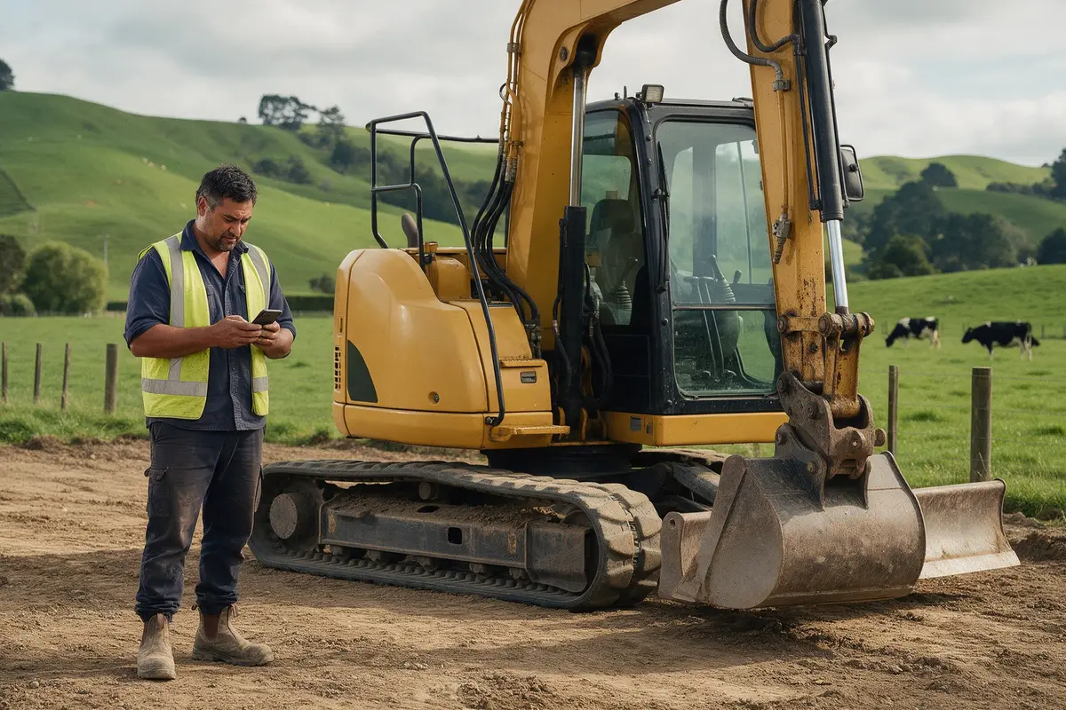 Waikato earthmoving contractor checking loan figures on a phone beside an excavator