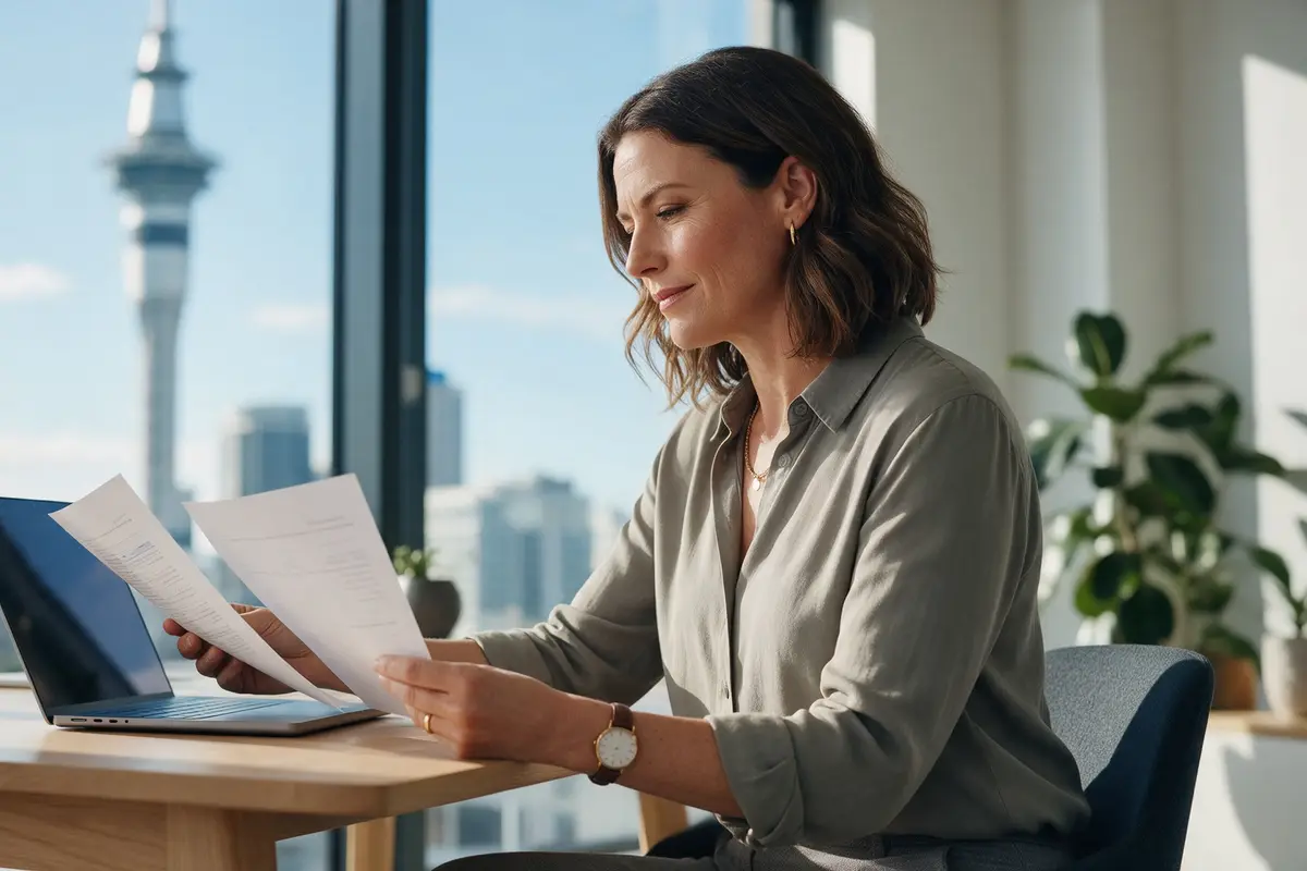 Auckland business owner comparing two business loan offers on a laptop in a bright office