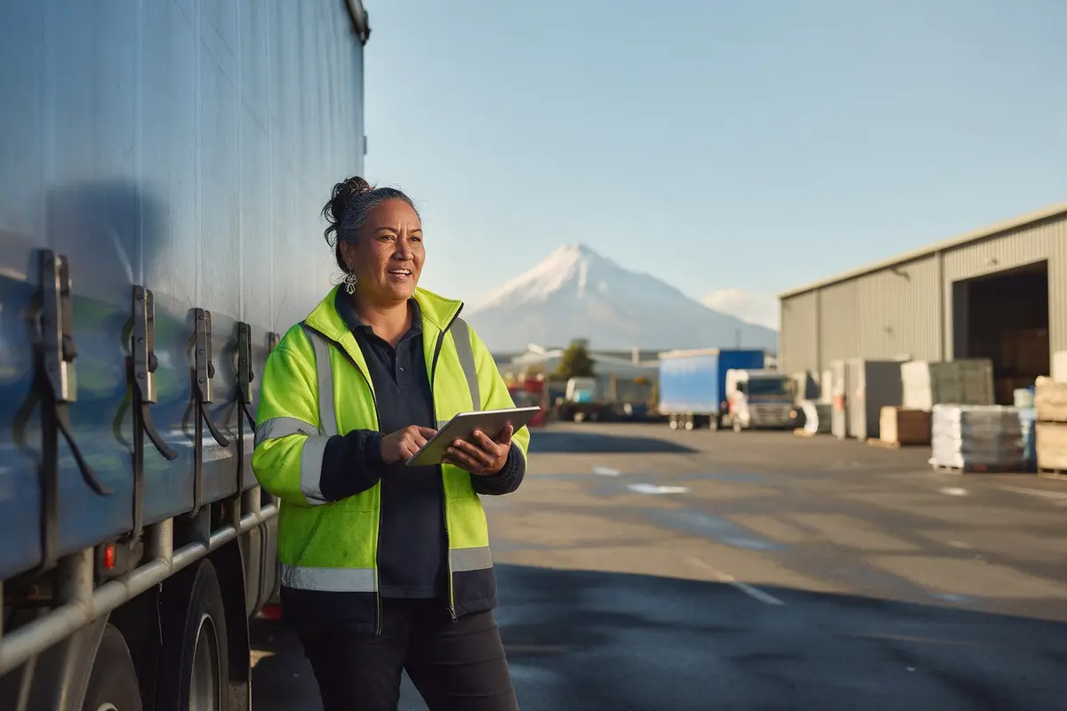 New Plymouth transport operator standing beside her truck at the depot with a tablet