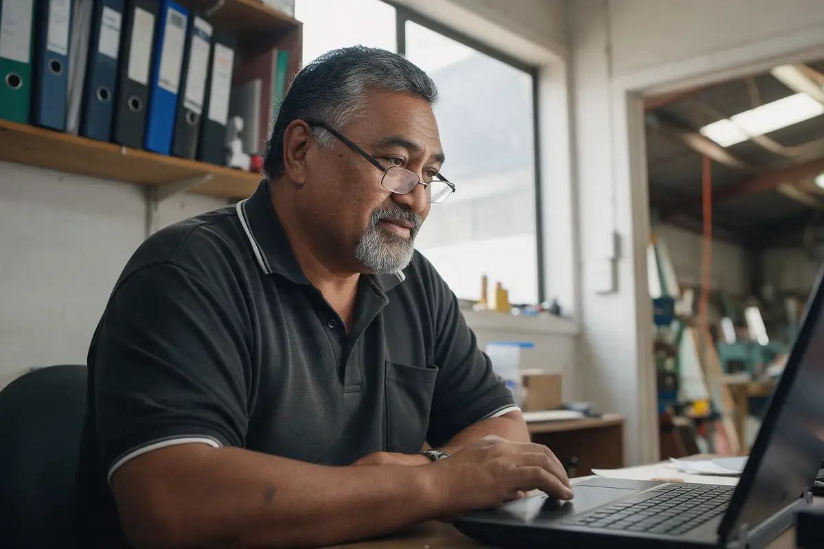 Kiwi business owner reviewing his own credit report on a laptop in a small office