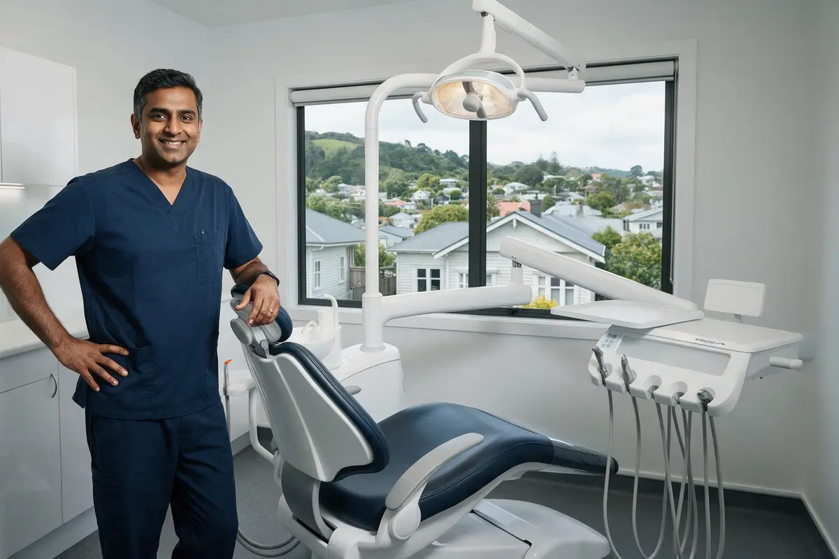 Dentist standing beside a new dental chair in a freshly fitted-out treatment room