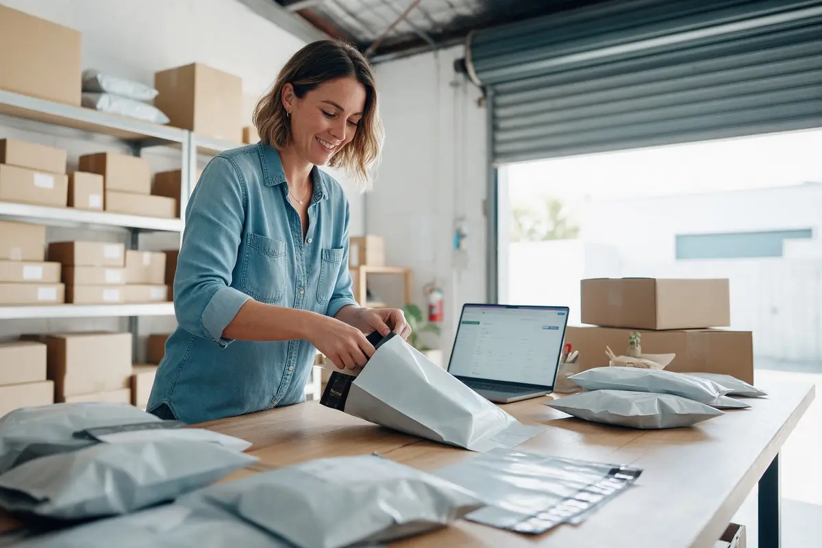 Online store owner packing customer orders in a small New Zealand warehouse