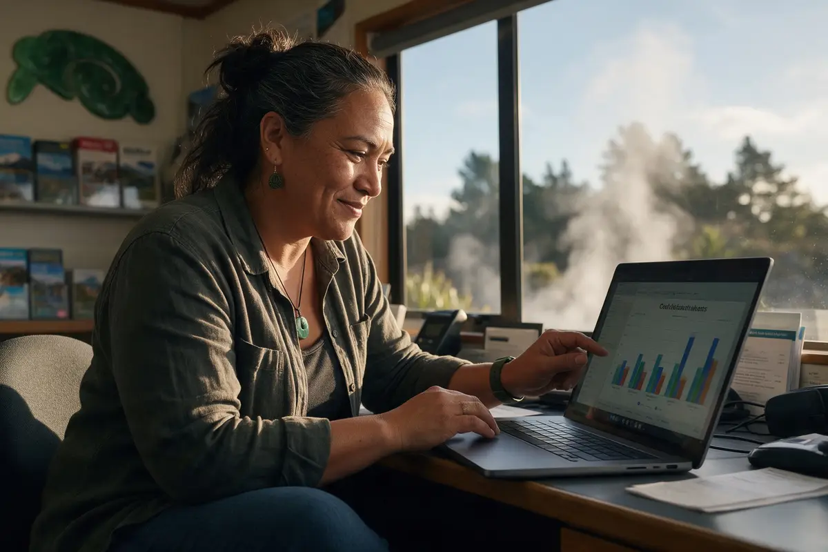 Rotorua tourism business owner reviewing card takings on a laptop in her office