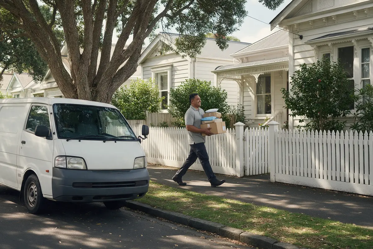 Courier van making a delivery on an Auckland suburban street