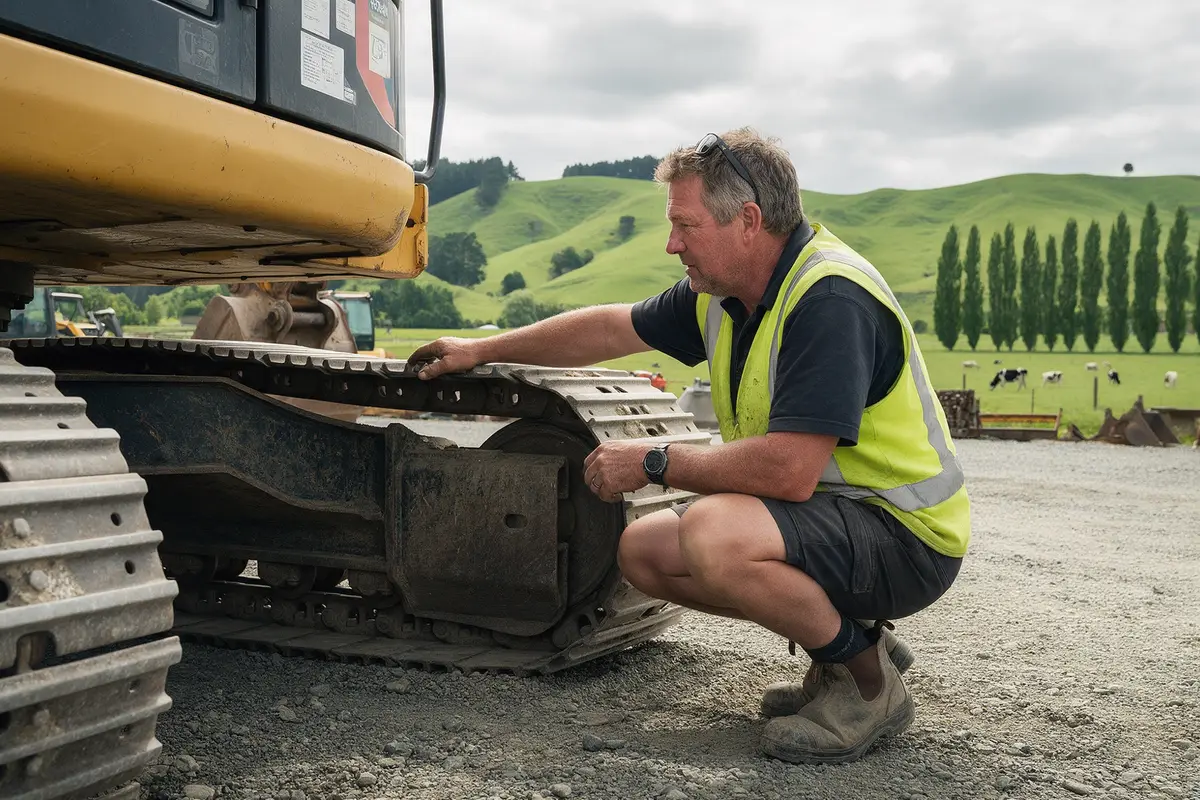 Waikato earthmoving contractor inspecting a used excavator in a yard before buying it
