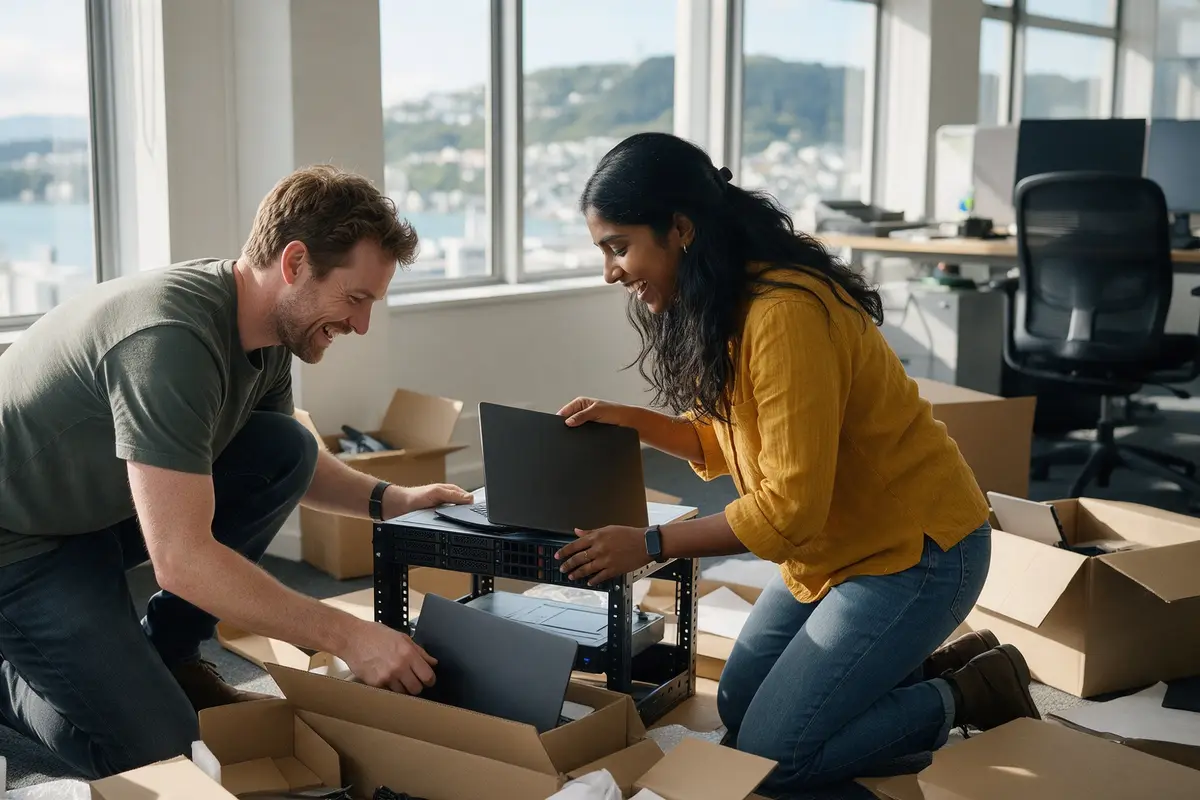 Small New Zealand office team setting up new laptops and a server rack