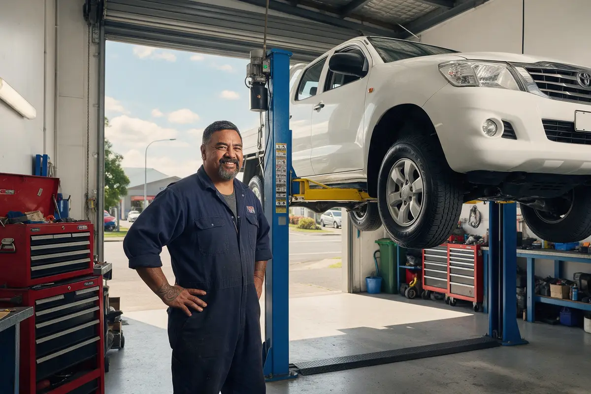 Tauranga mechanic workshop owner standing beside a newly installed vehicle hoist