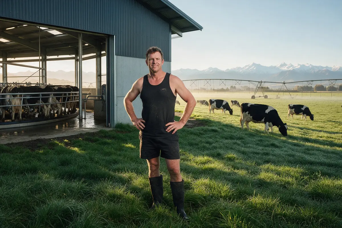 Canterbury dairy farmer outside the milking shed with cows on green pasture