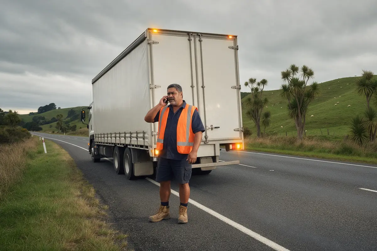 Transport operator on the phone beside his broken-down truck on a rural New Zealand highway