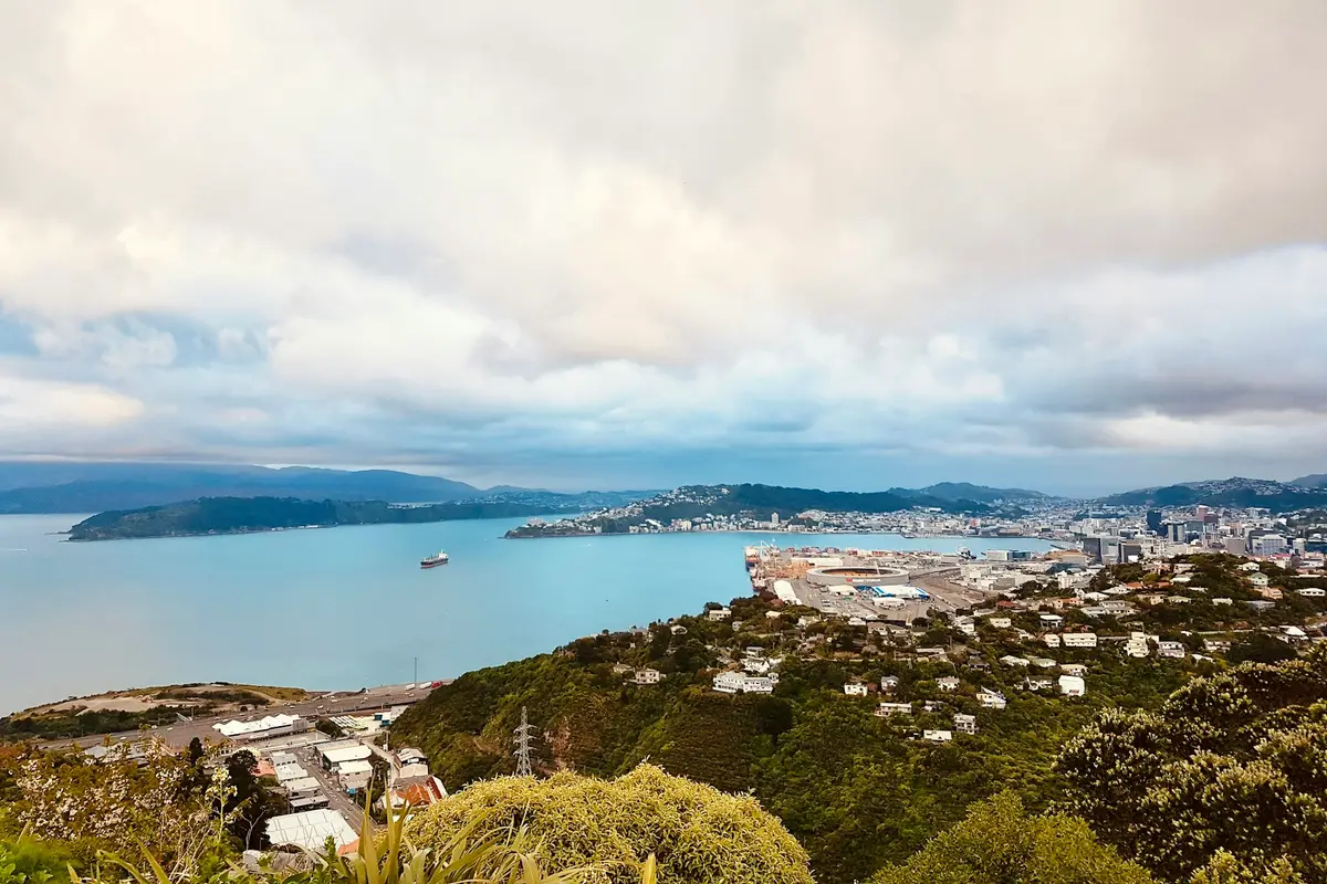 Wellington city and harbour under a cloudy sky