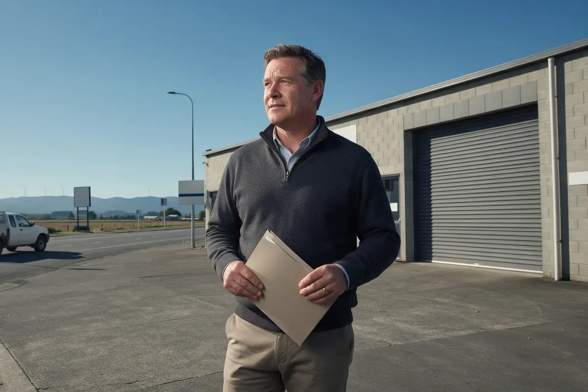 Palmerston North business owner outside his commercial building comparing first and second mortgage options