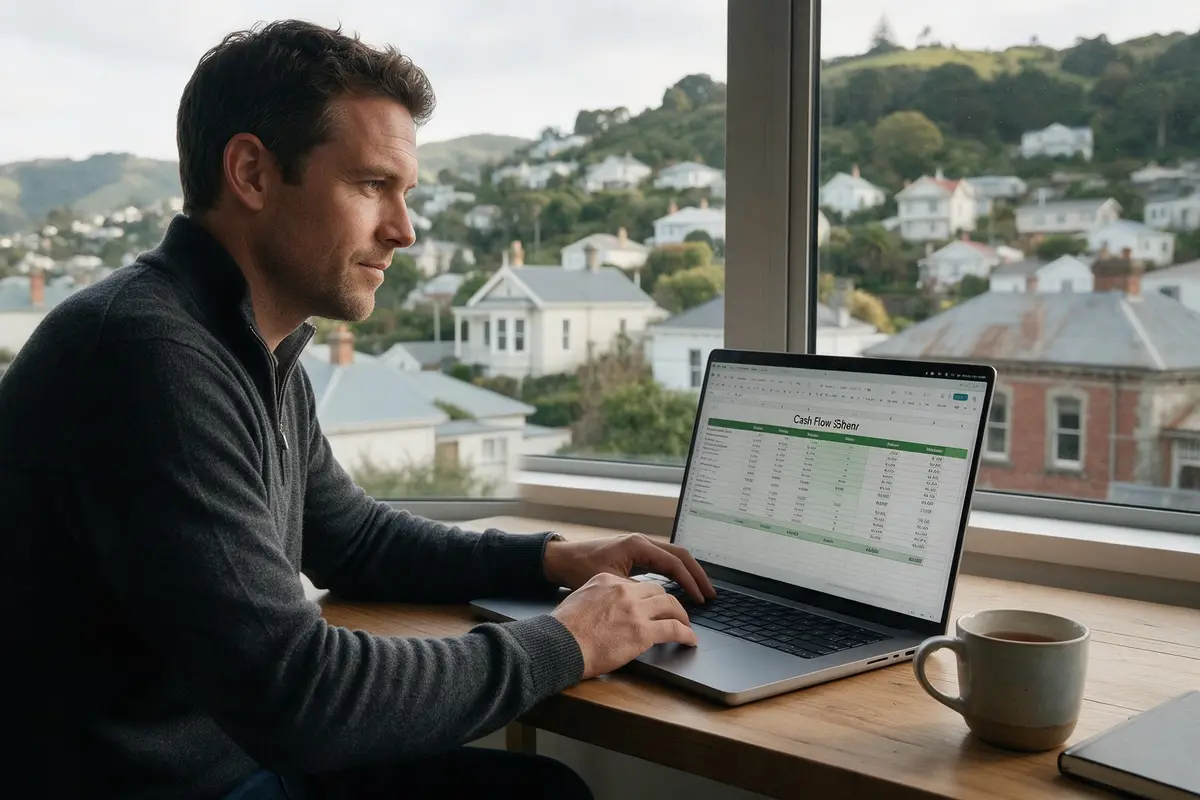 Dunedin business owner building a 13-week cash flow forecast on a laptop