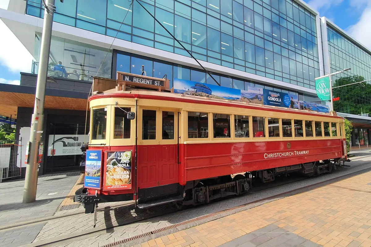 Heritage tram on a central Christchurch street