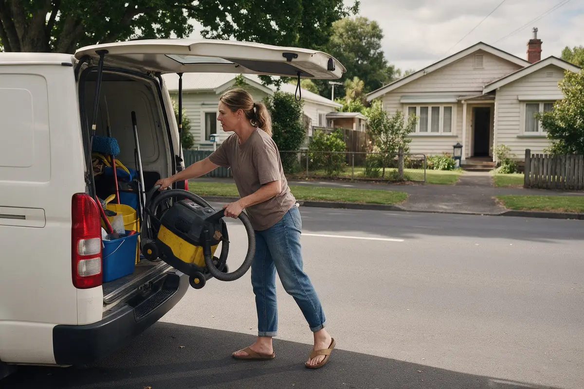 Home services franchisee loading gear into a branded van on a suburban street
