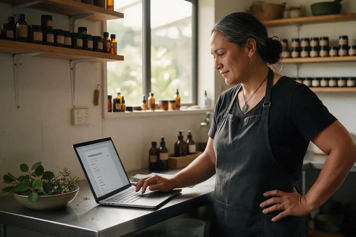 Māori business owner in her product workshop reviewing a funding application on a laptop