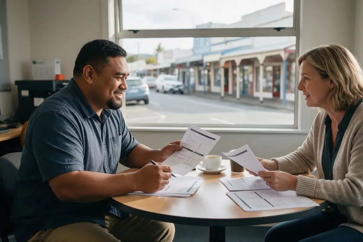 Business owner meeting a regional business growth advisor in a provincial New Zealand office