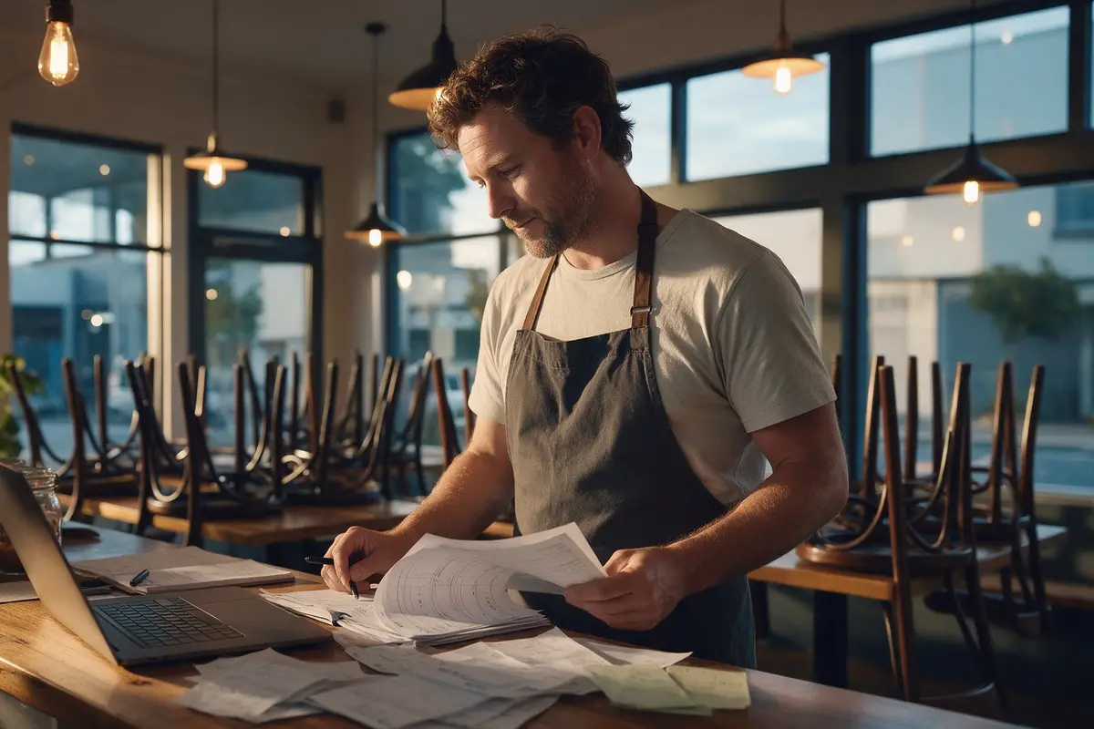 Christchurch café owner checking GST figures on a laptop at the counter after closing
