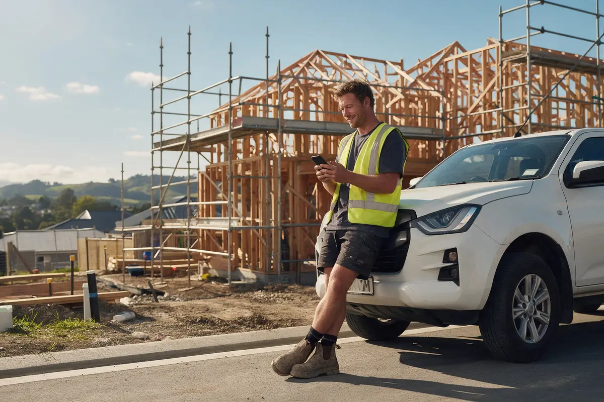 Tauranga tradie leaning on his ute at a residential job site, checking finance options on his phone