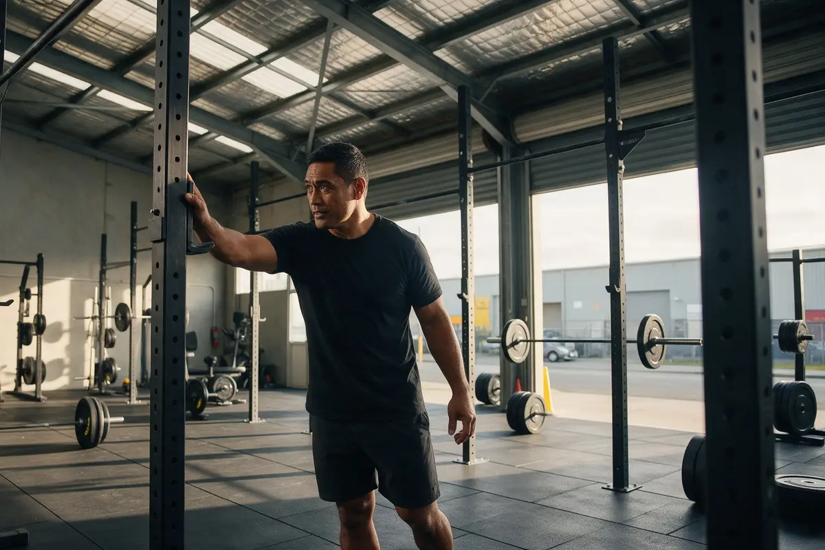 Gym owner checking new strength equipment on the floor of a small community gym