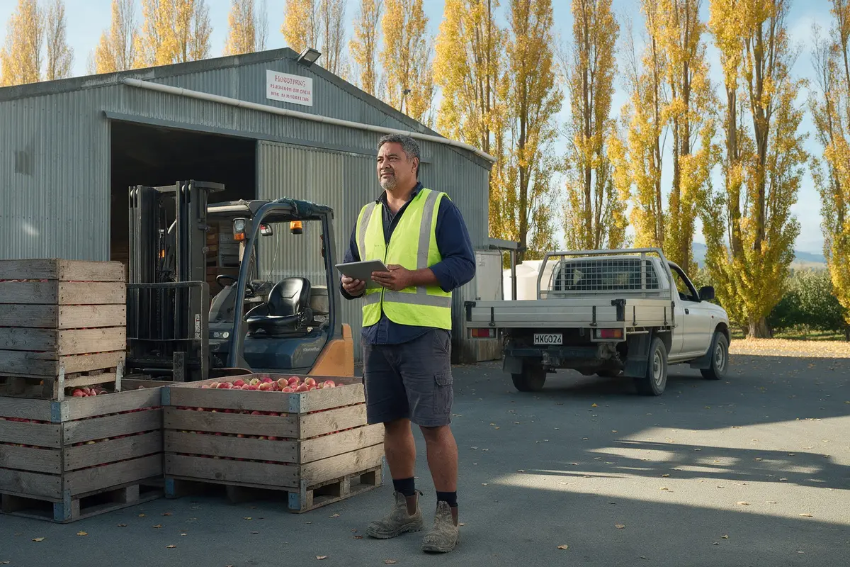Hawke's Bay orchard services contractor checking harvest bins beside a forklift outside a Hastings packhouse