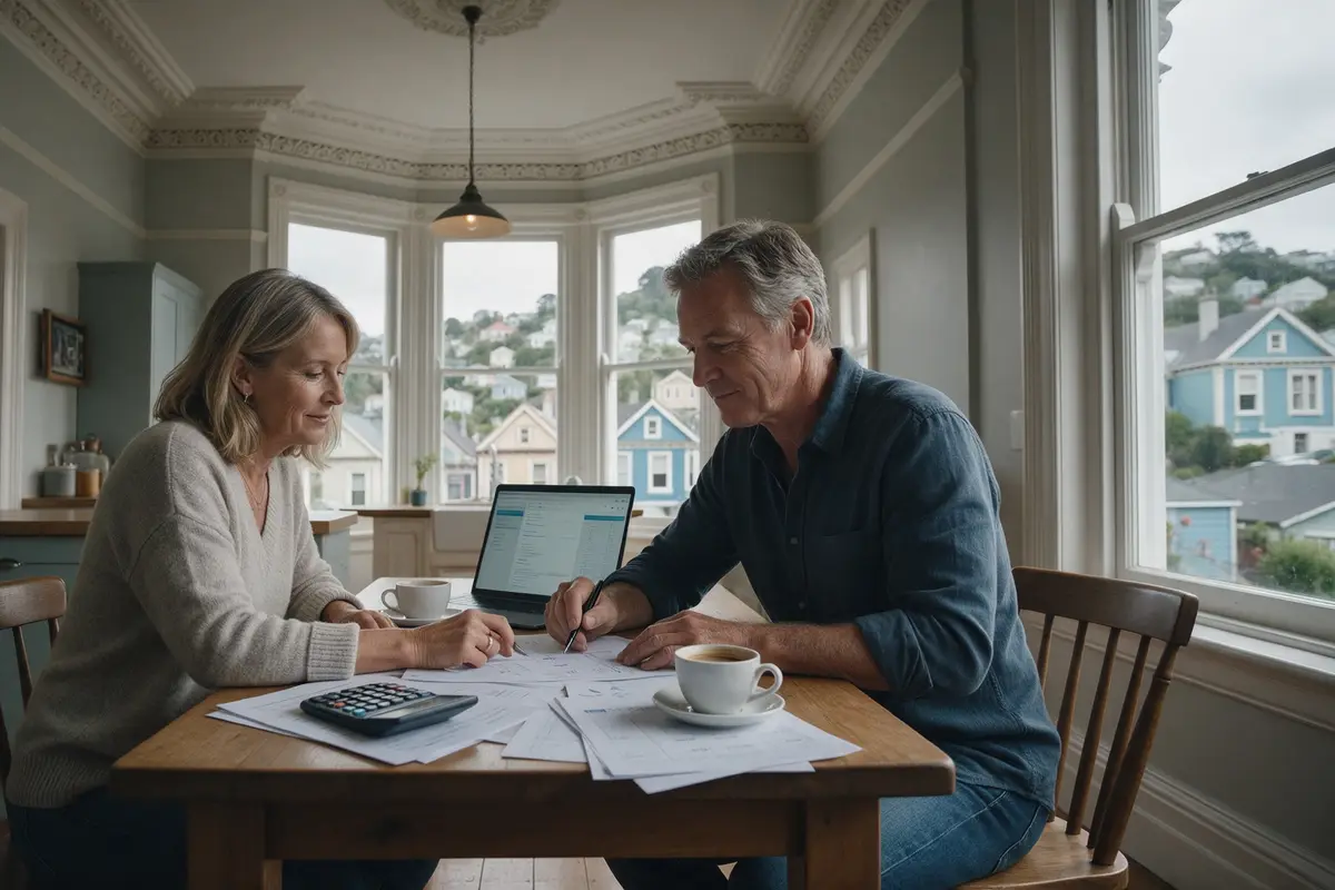 Dunedin couple at the kitchen table in their villa working out how much home equity they can use for the business