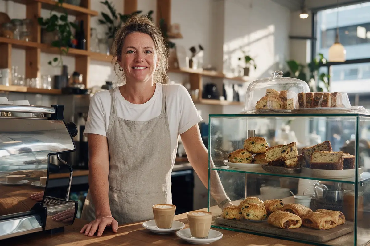 Wellington café owner behind the counter with espresso machine and cabinet food