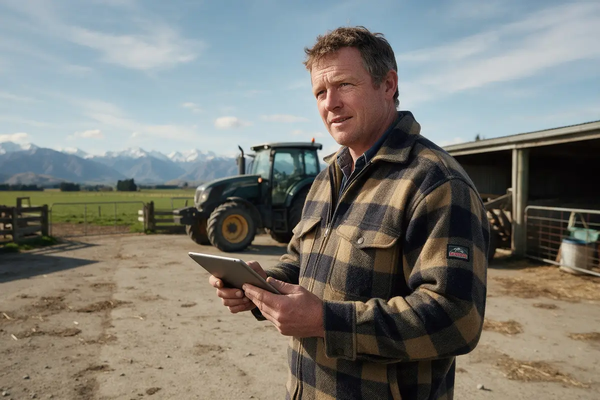 Canterbury farmer checking a business loan offer on a tablet in the yard
