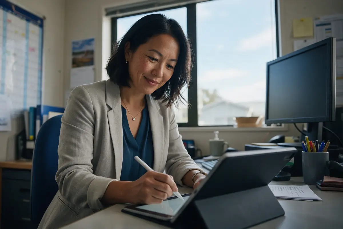 Business owner signing loan documents electronically on a tablet in a small office