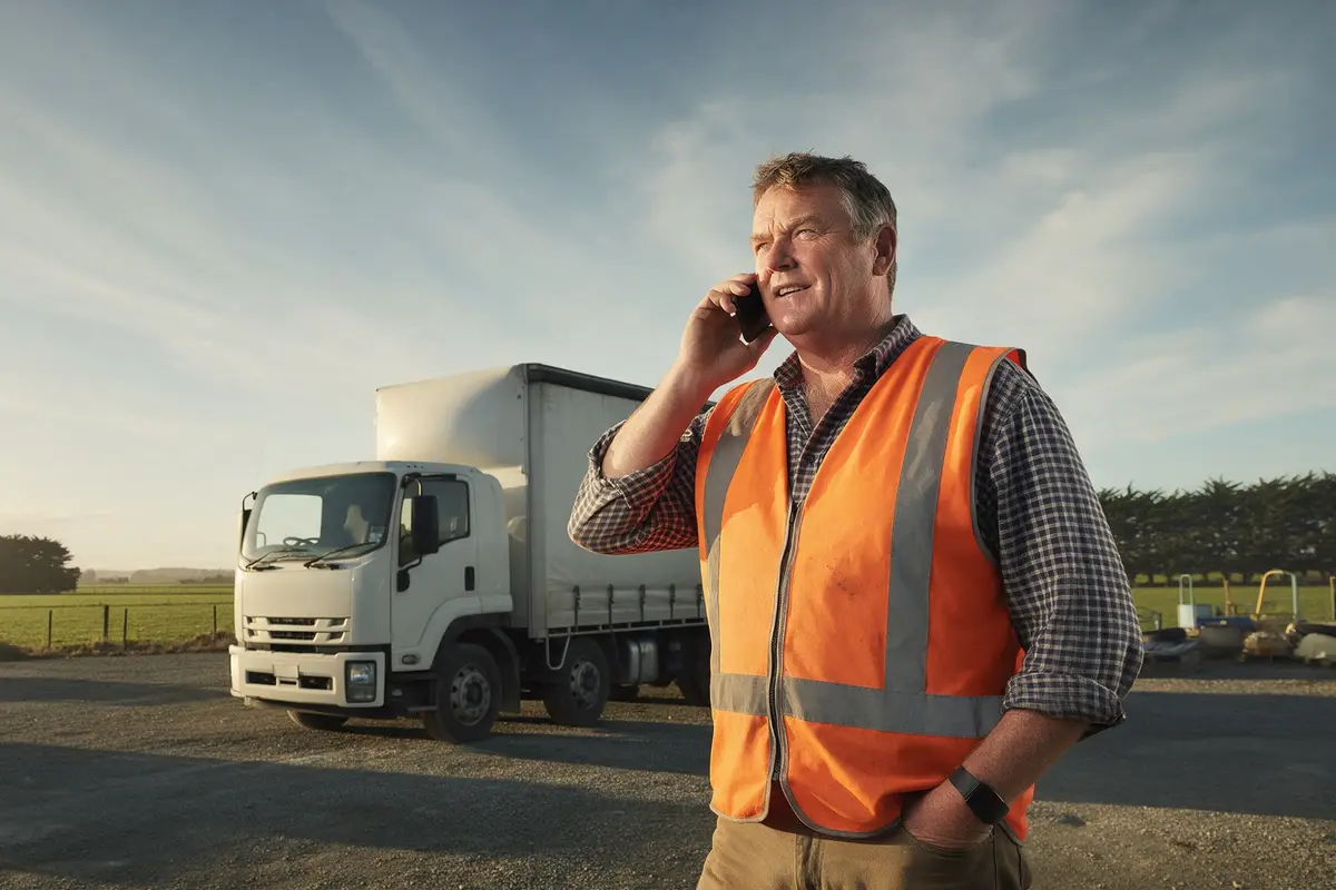 Southland transport operator on the phone to a lender beside a truck in the depot yard