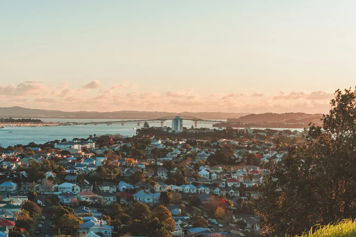 Aerial view of the Auckland Harbour Bridge and city