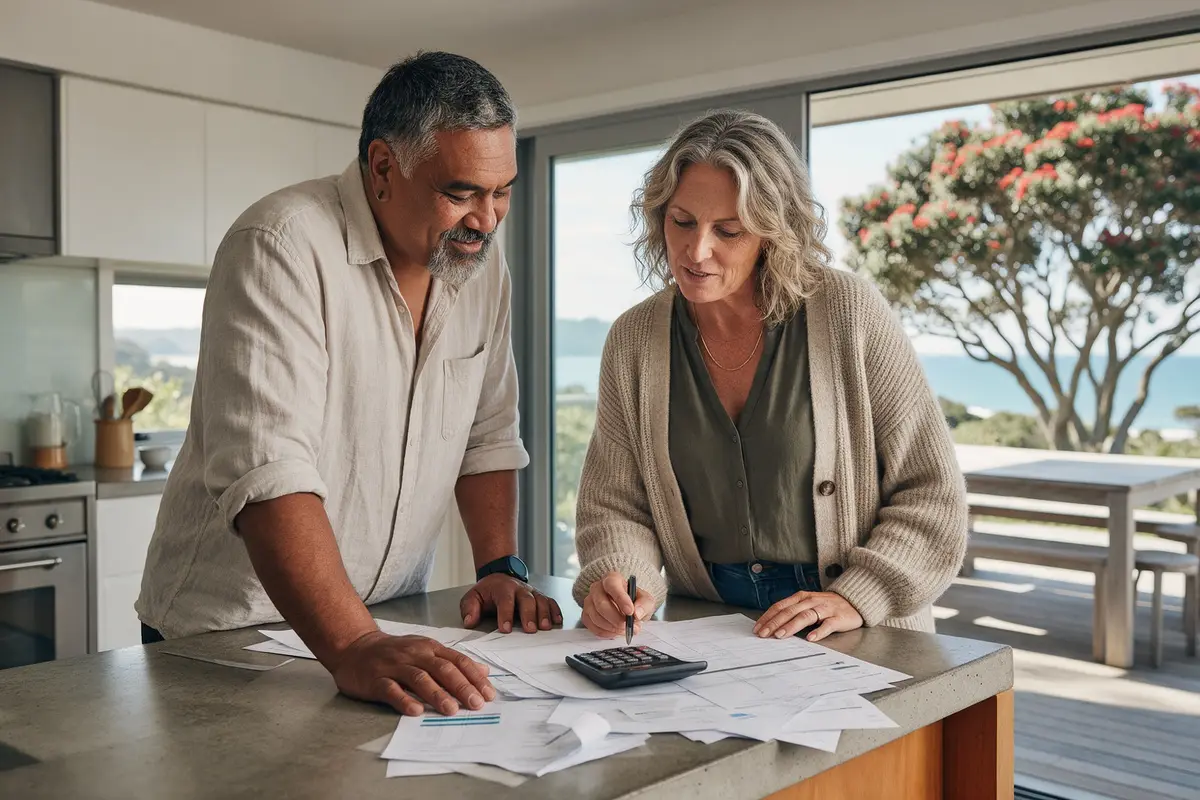 Business owner couple discussing home equity for a business loan at their kitchen bench