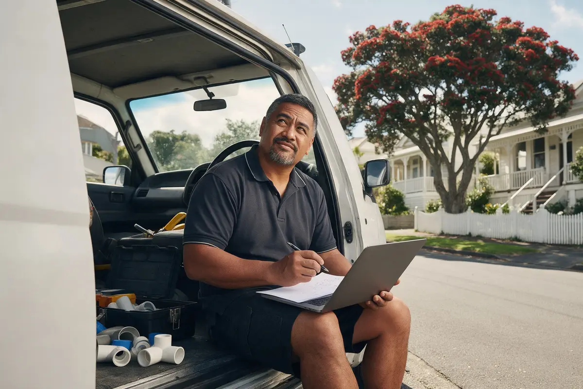 Auckland plumbing business owner working out how much he can borrow on a laptop in his van