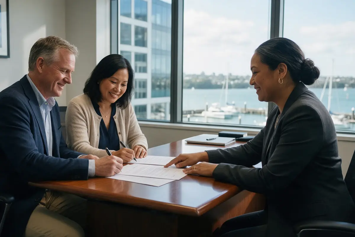 Business-owner couple signing loan documents with their lawyer in an Auckland office