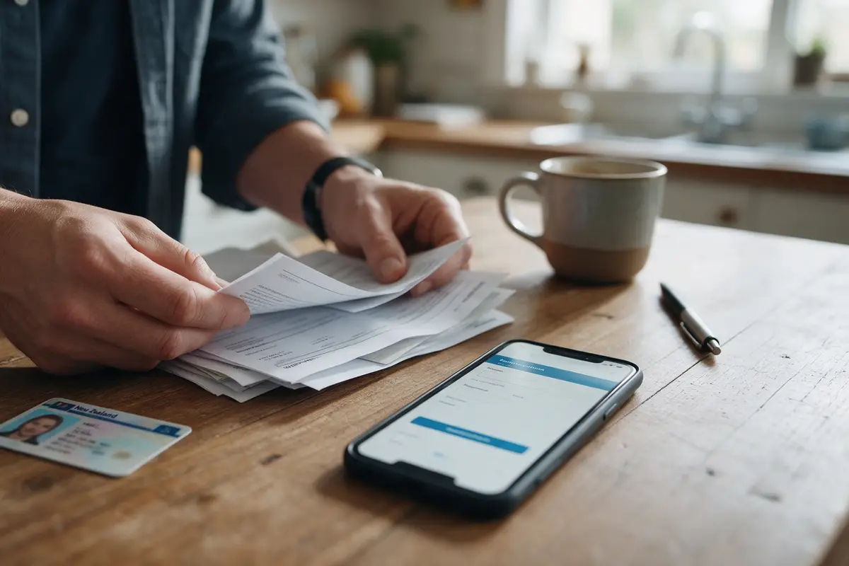 Business owner's hands sorting bank statements and ID next to a phone showing an online application