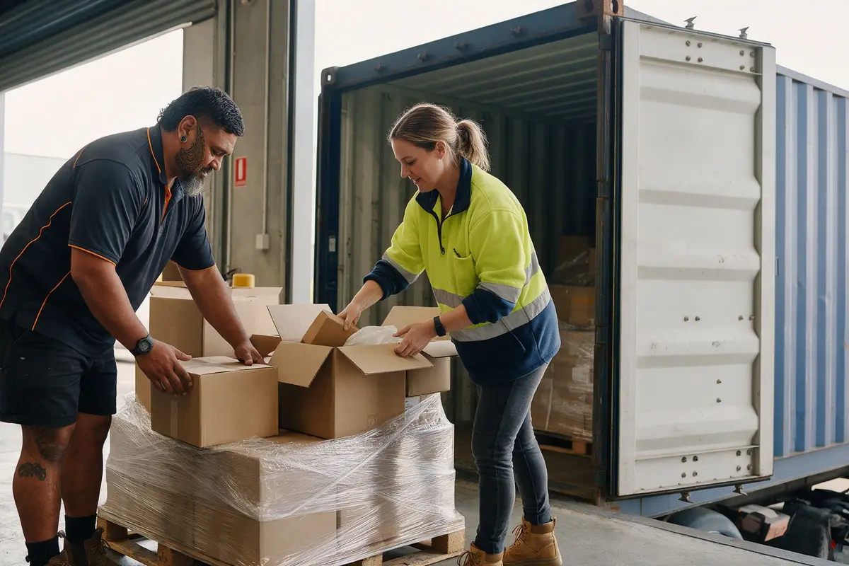 Warehouse team unpacking imported stock from cartons in a New Zealand distribution centre