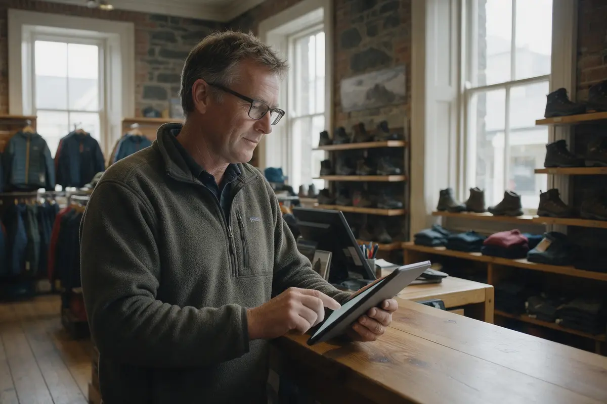 Dunedin retail shop owner reviewing accounts on a tablet at the counter of his store