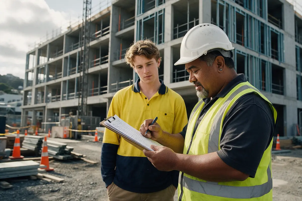 Labour hire supervisor signing off a timesheet with a worker on a New Zealand construction site